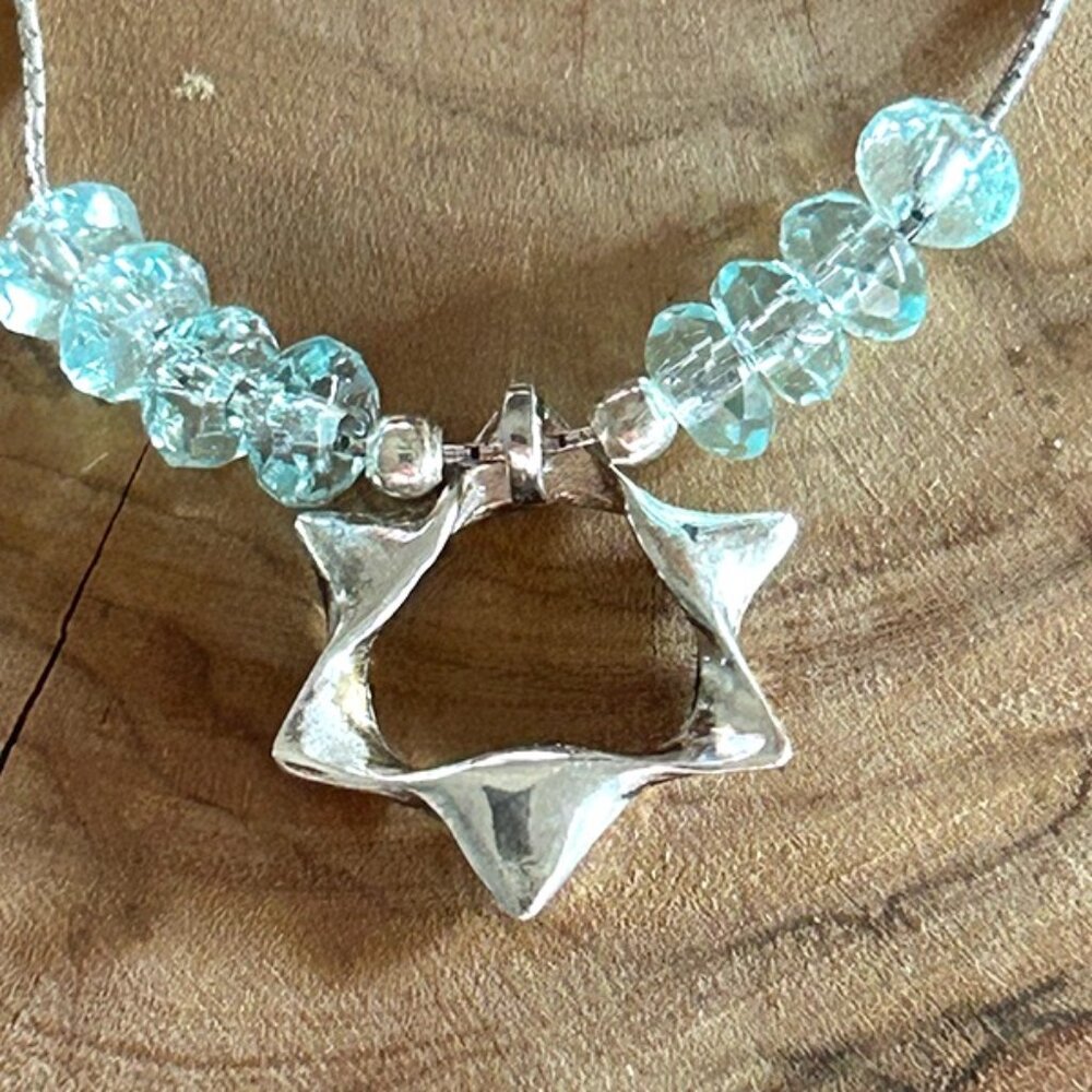 Star of David Sterling Silver Blue Crystal Pendant Necklace by Israeli designer